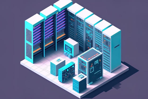 Vista isometrica isolata di un server farm di un data center, di un rack di server o di una struttura di web hosting