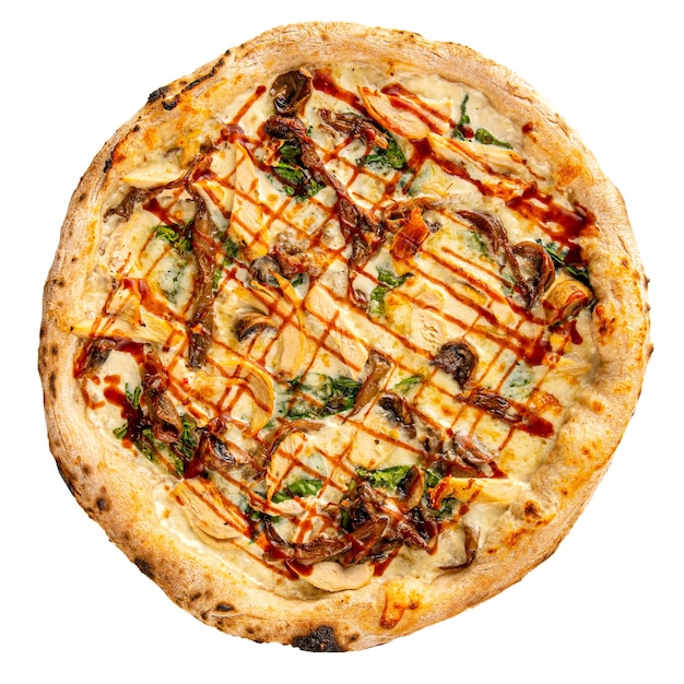 Isolated italian chicken pizza with barbecue sauce