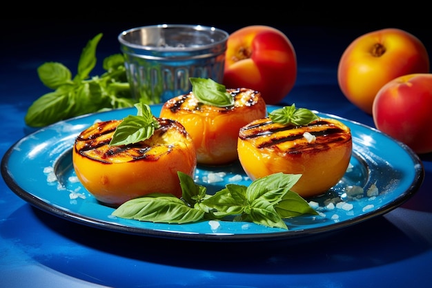 Isolated juicy grilled peaches and a green leaf on a blue table