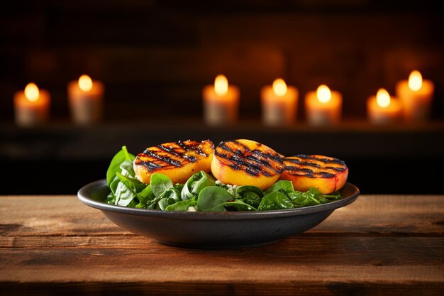 Isolated juicy grilled peaches and a green leaf on a blue table