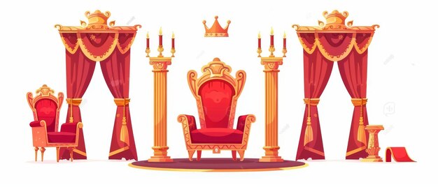 Photo isolated king39s throne on white background modern illustration of decor for royal palace interior luxury armchair red velvet curtains golden chandelier with candles pillar banner