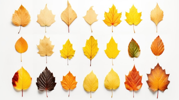 Изолированные листья Коллекция многоцветных осенних листьев, изолированных на белом фоне, созданных с помощью технологии генеративного ИИ