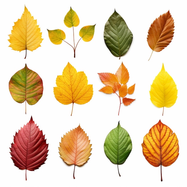 Фото Изолированные листья коллекция разноцветных упавших осенних листьев, изолированных на белом фоне