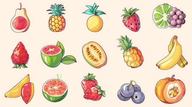 Isolated on light beige background this hand drawn style summer promotion element set has a fruity theme