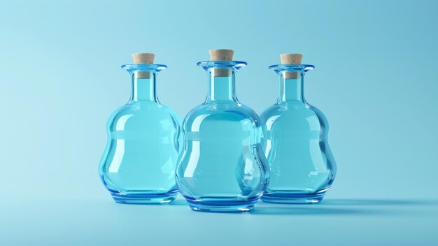 Изолированная на светло-голубом фоне эта 3D-иллюстрация показывает набор голубых бутылк коктейля
