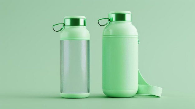 Isolated on a light green background two 3D sport water bottles one with a strap and one without