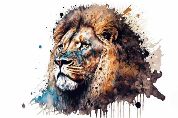 isolated lion watercolour splashes with ink painting llustration art