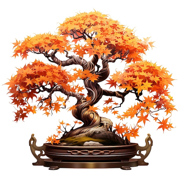 Isolated Maple Bonsai Tree Glazed Pot Palmate Leaves Autumn Geïnspireerd op White BG Japan Chinese Kunst