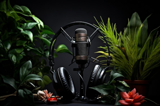 Isolated Microphone Headphones and Ornamental Plants Generative AI