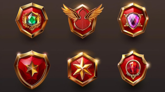 Photo isolated military rank buttons in golden frames with gemstone stars and wings modern realistic illustration hexagonal red shield badges with golden frames decorated with gemstones