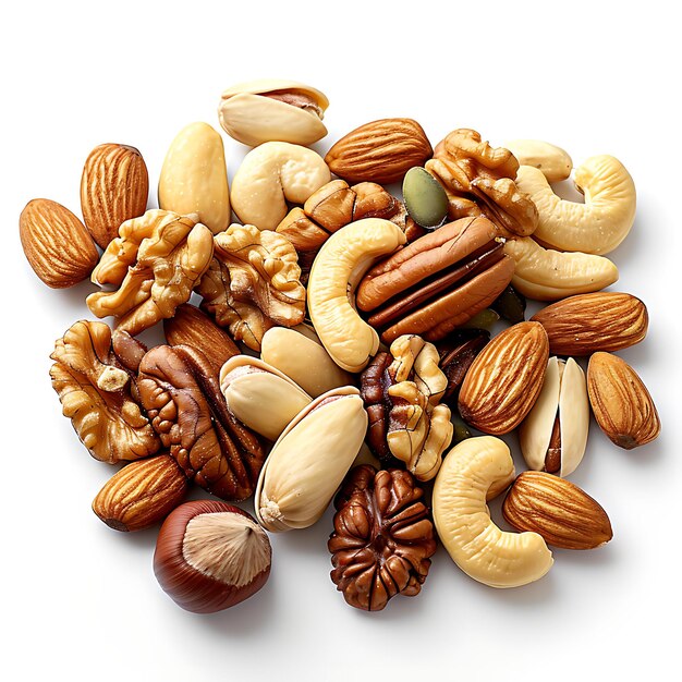 Isolated mixed nuts on a white backdrop