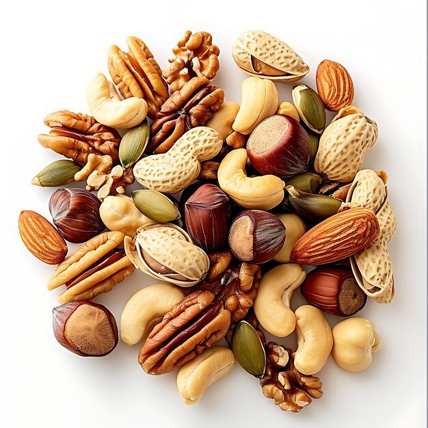 Isolated mixed nuts on a white backdrop