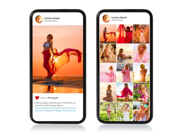 Изолированные мобильные телефоны с одной фотографией и фотогалереей женской модели, показанной на экранах