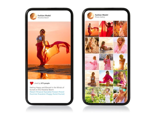 Foto telefoni cellulari isolati con foto singola e galleria fotografica del modello femminile mostrato sugli schermi