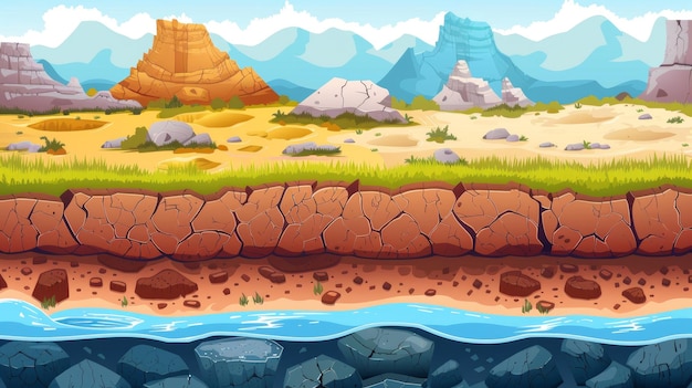 Foto illustrazione di cartoni animati moderni isolati degli strati e delle risorse del terreno del gioco strati sotterranei del suolo valli verdi rocce rotte sabbiose deserto modello senza cuciture