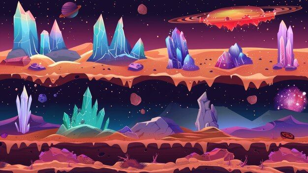 現代のアニメで描かれた 砂漠の裂け目で 岩の表面にネオン物質があり 晶と宇宙船が描かれています