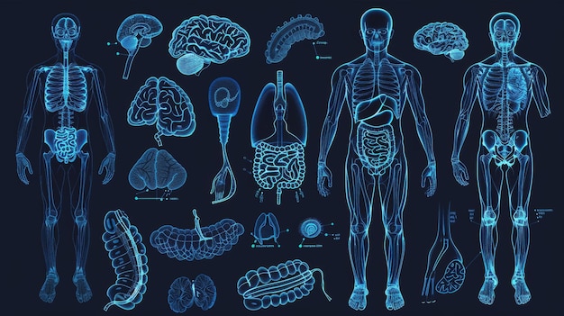 写真 人間の身体の部分の孤立した現代的な概要イラスト 解剖学 医療 薄い線の輪郭シンボル