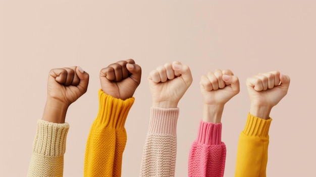 Фото Изолированный на светлом фоне символ любви и разнообразия люди подняли руки с зажатыми кулаками права человека феминизм ии генератив