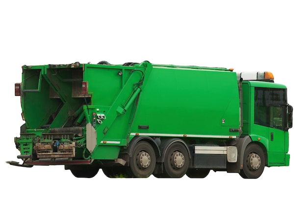 사진 백색 바탕에 고립된 재활용 트럭이 교외의 도로를 타고 쓰레기 픽업 트럭 더 나은 지속 가능한 미래를 위해 쓰레기를 분류하는 개념 지방 서비스 차량의 클로즈업