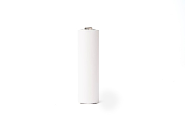 Isolated of one white alkaline battery AA size on white background with clipping path  Carbon zinc for one time use and rechargeable battery  Clipping path