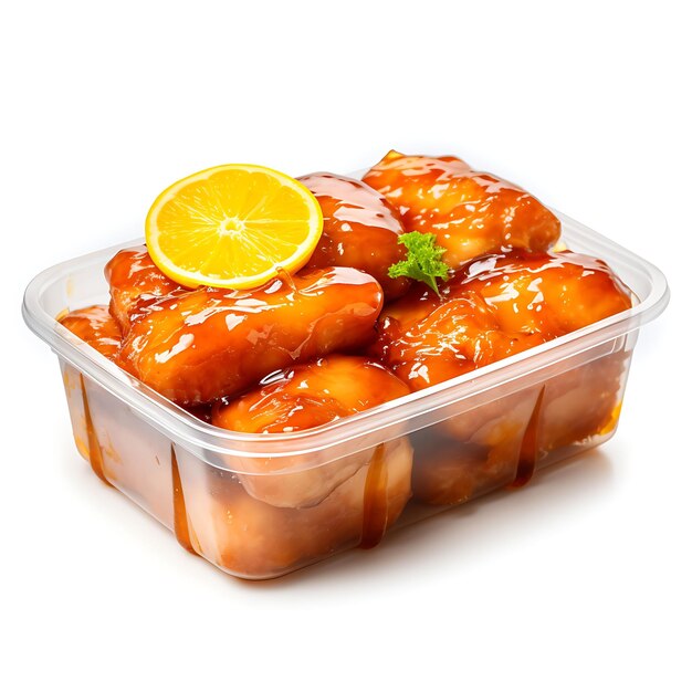 Isolated of Orange Chicken With a Plastic Food Box Clear Plastic Materia on White Background Clean