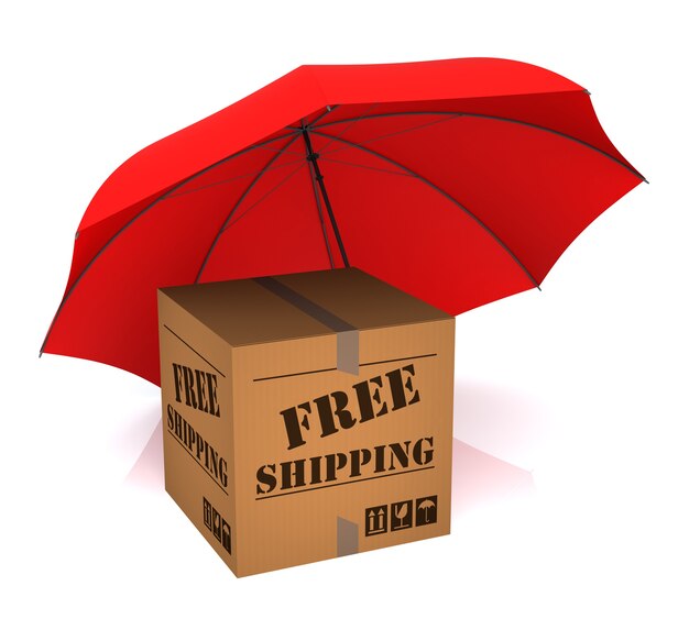 Isolated Package Free Shipping and Red Umbrella. 3D Rendering