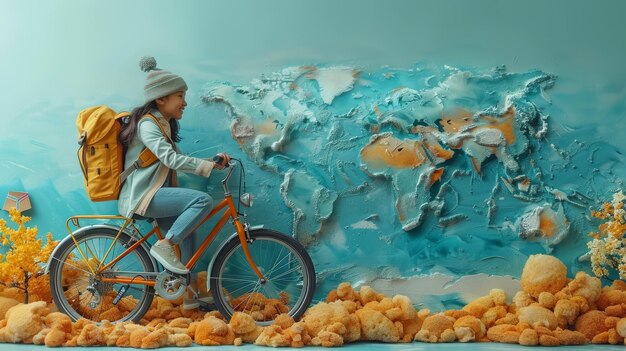 Photo isolated on painted background a happy girl rides a bicycle to school stacks books and pencils and stars in the sky