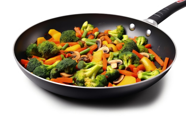 Isolated pan of stir fried vegetables on white