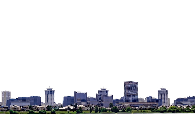 isolated panorama of a modern city with blue buildings and a green park