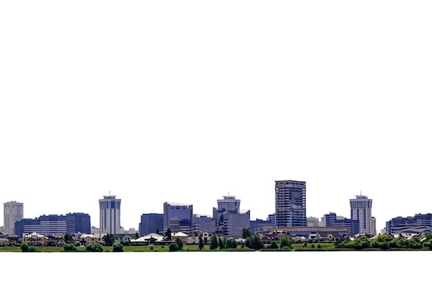 Photo isolated panorama of a modern city with blue buildings and a green park