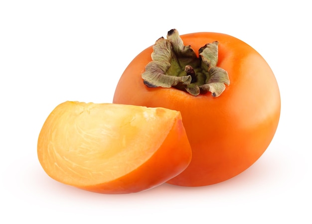 Isolated persimmon a whole fruit and a slice on a white background with a clipping path