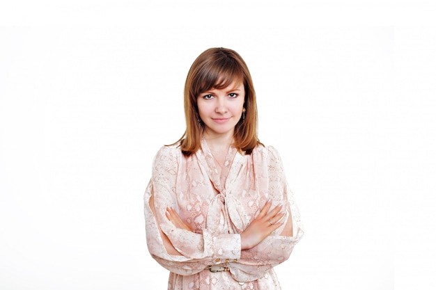 Isolated photo: portrait of a smiling handsome woman in a business suit