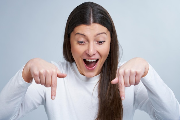 Isolated picture of brunette woman on white background