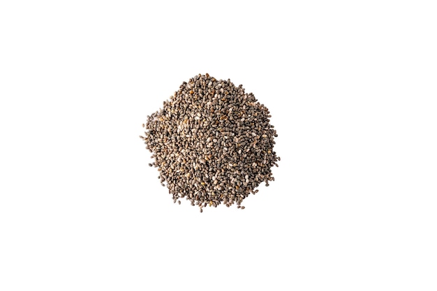 Isolated pile of chia seeds on horizontal white background superfood studio shot from above