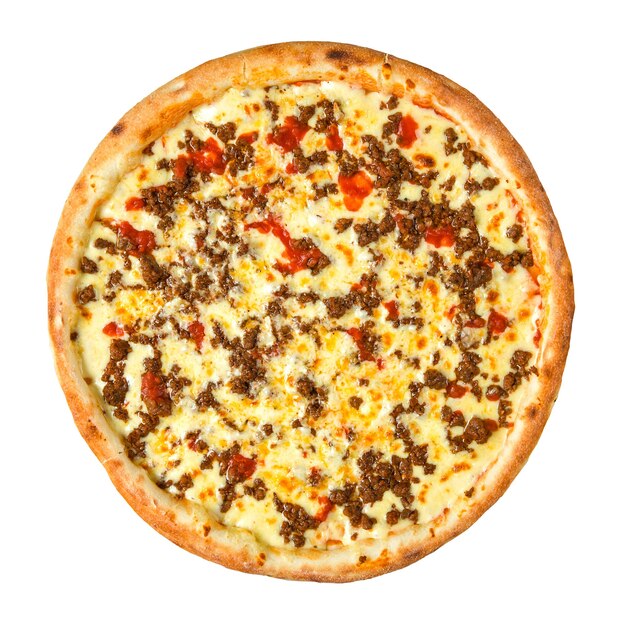 Isolated pizza with minced meat and tomatoes on white background