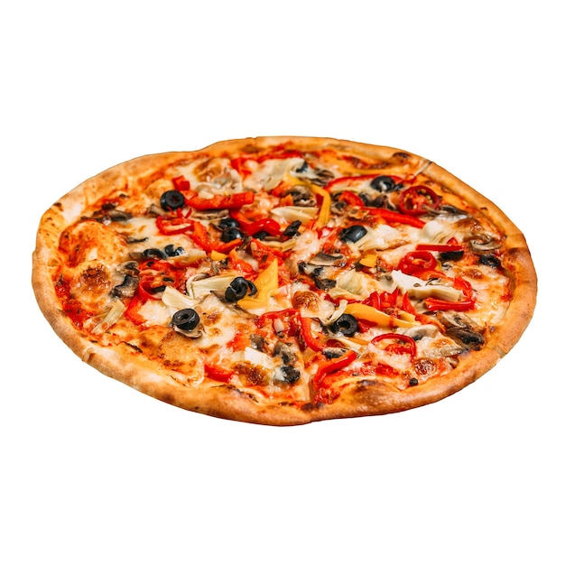 Isolated pizza with mushrooms and vegetables on white