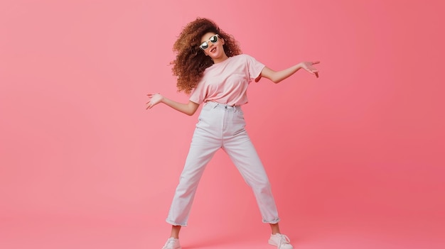 Isolated on a plain pastel light pink background a young curly latin woman in her 20s is wearing casual clothes wearing sunglasses dancing leaning back and spread her hands in the air