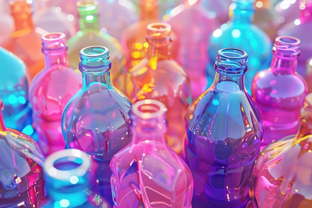 Изолированные пластиковые бутылки Рециклирование и сокращение концепции ПВХ ПЭТ Яркий фон
