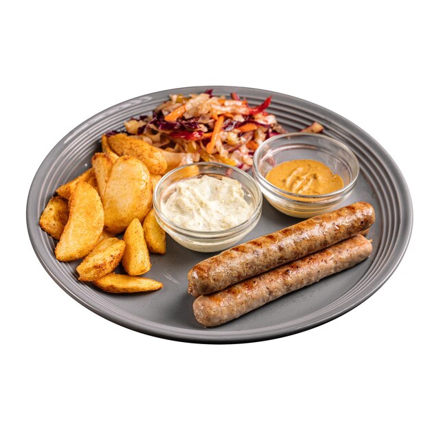 Isolated portion of chicken sausages with potato