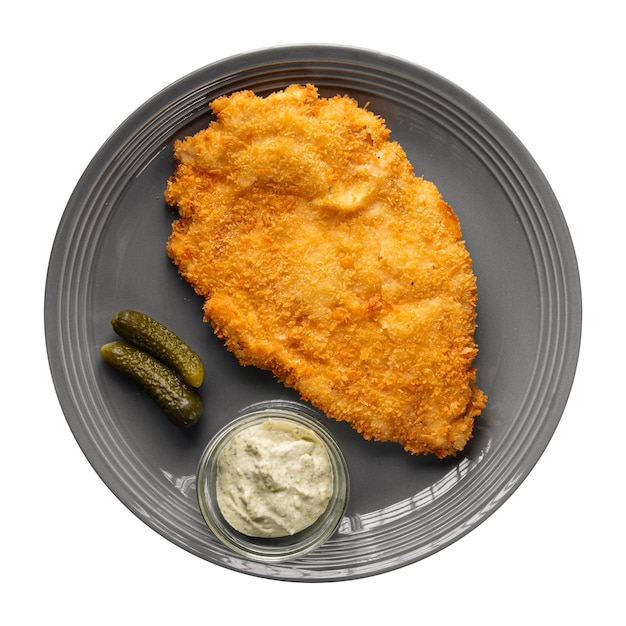 Isolated portion of chicken schnitzel dish