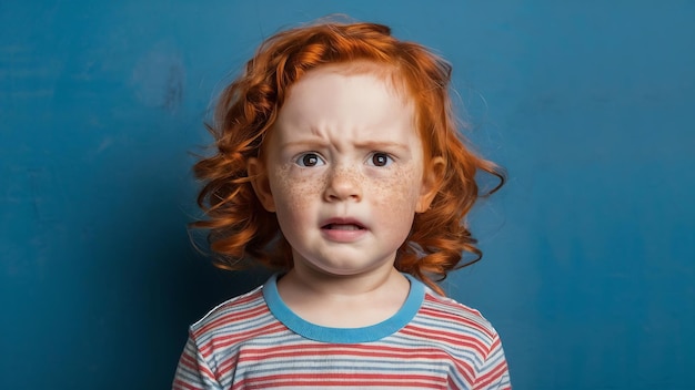 Isolated portrait of unhappy little kid with red curly hair and freckles being offended