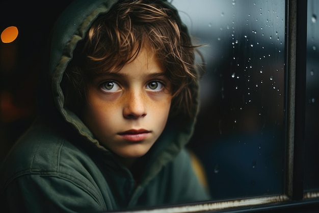 窓に押し付けられた悲しく不安な表情でフードをかぶった幼い子供の孤立した肖像画