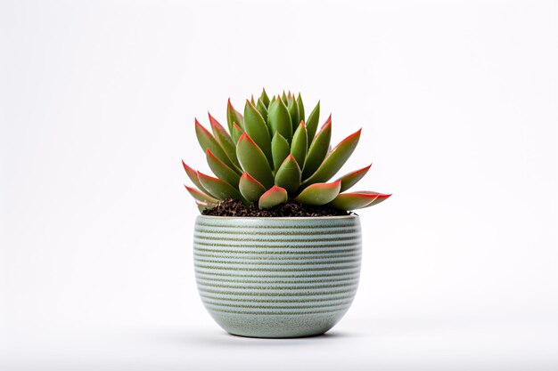 An isolated pot of cacti or succulents on a white surface is showcased from the front