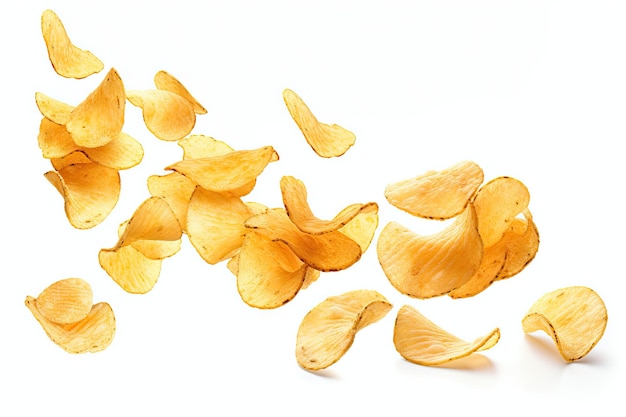 Isolated potato chips falling on white surface