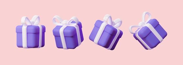 Изолированные фиолетовые подарки с белыми бантами в разных ракурсах. 3D визуализация иллюстрации