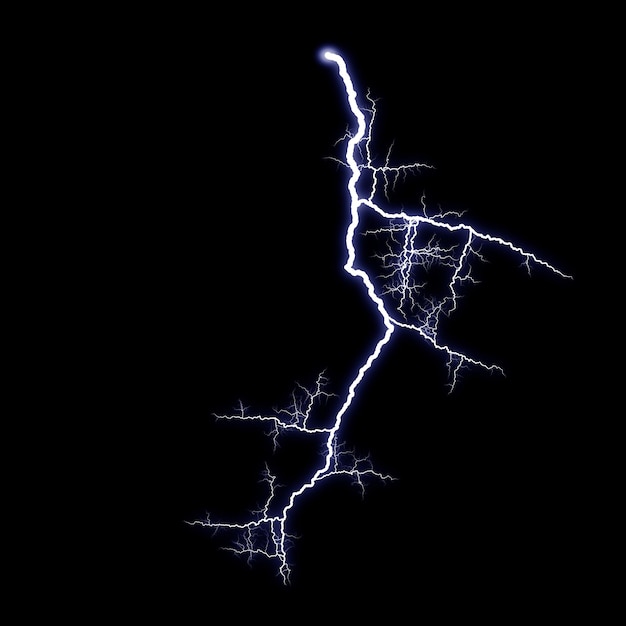 Isolated realistic electrical lightning strike visual effect on black night background