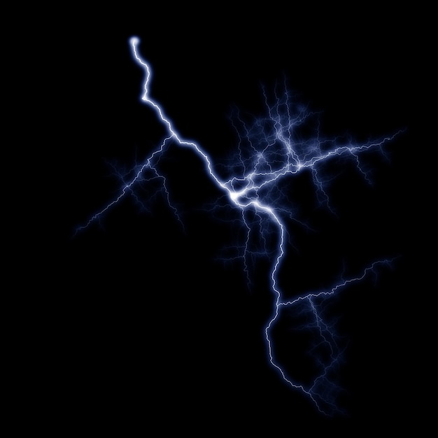 Isolated realistic electrical lightning strike visual effect on black night background