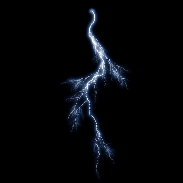 Isolated realistic electrical lightning strike visual effect on black night background