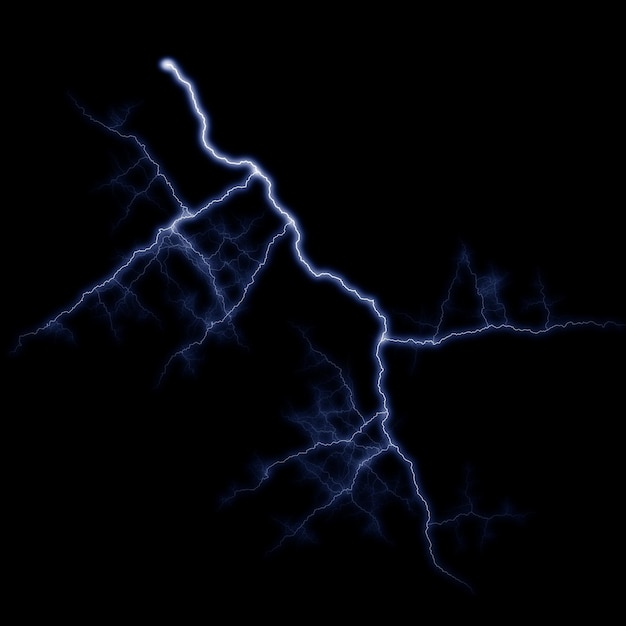 Photo isolated realistic electrical lightning strike visual effect on black night background