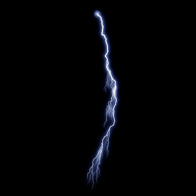 Isolated realistic electrical lightning strike visual effect on black night background